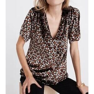 Madewell Velvet Tulip-Sleeve Ruffle Top in Petite Blooms Black/Brown Sz Large